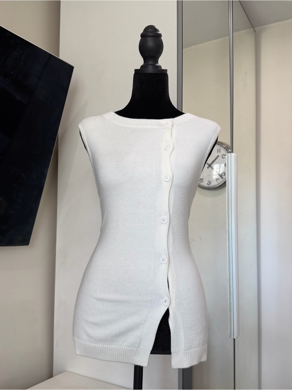 Peppermayo Asymmetric Button Front Sleeveless Knit Top Cream